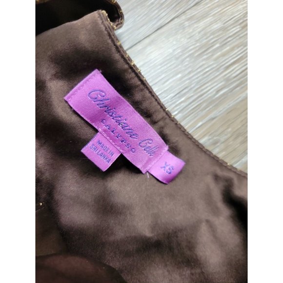 Christine Celle Calypso Women XS Brown Gold Thread Mini 100% Silk Dress Pocket - Picture 4 of 7